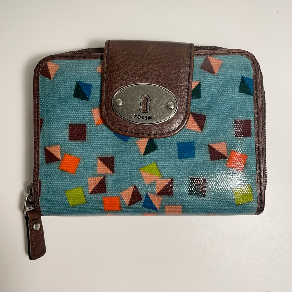 Like New Fossil Wallet Geometric Pattern Key Blue
